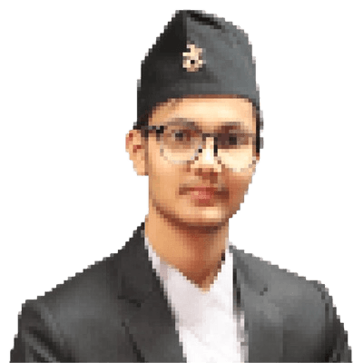 Rijul Poudel wearing a Nepali topi and a dark suit